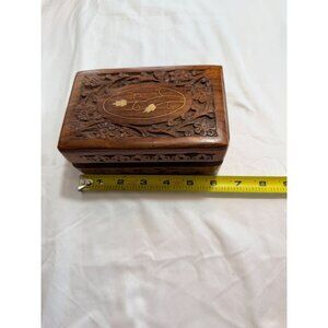 Hand-Carved Wooden Keepsake Box With Brass Inlay Floral Design And Hinged Lid -